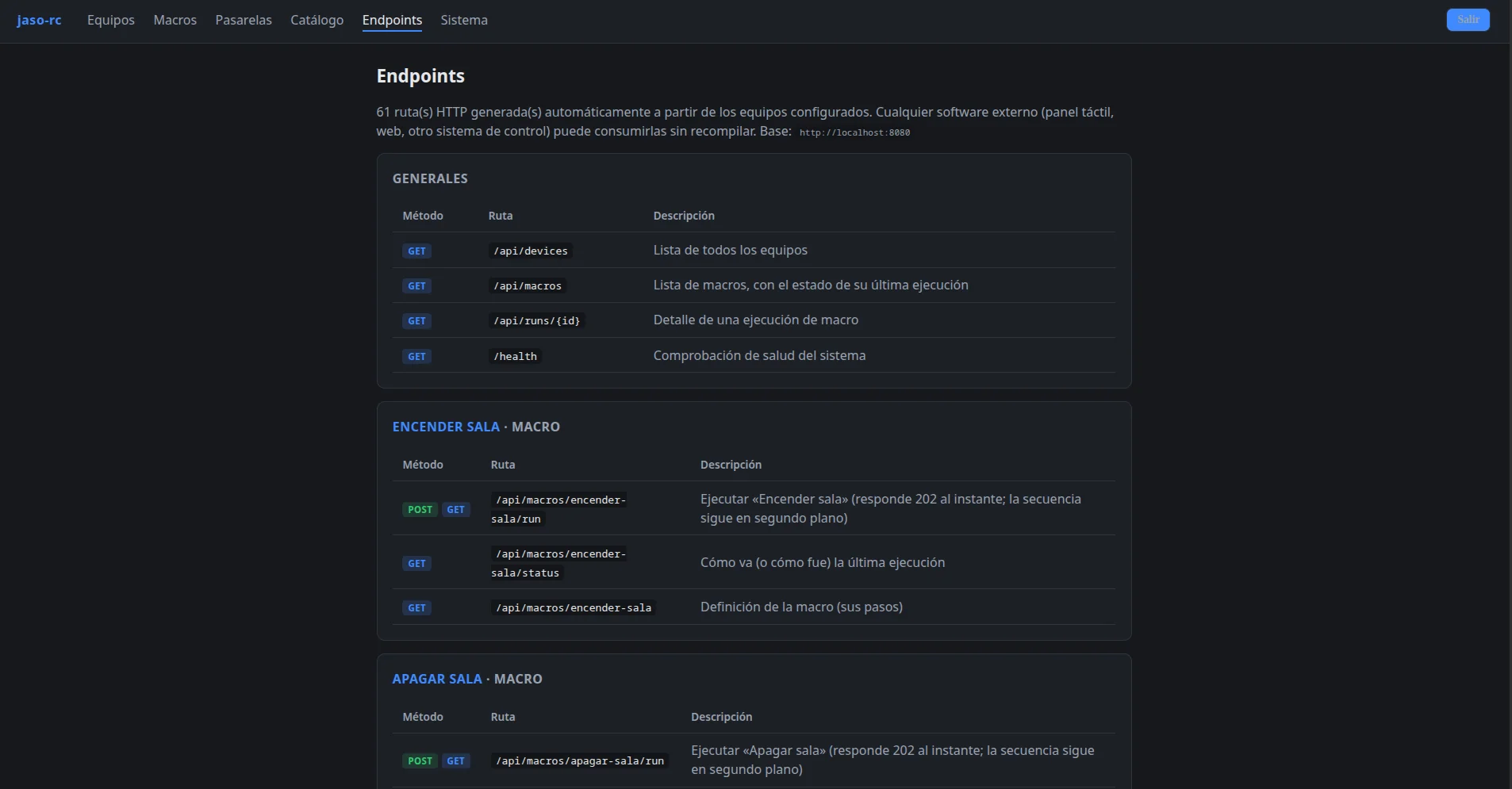 Lista de endpoints HTTP publicados para el proyector recién dado de alta: encender, apagar, seleccionar entrada y consultar estado.